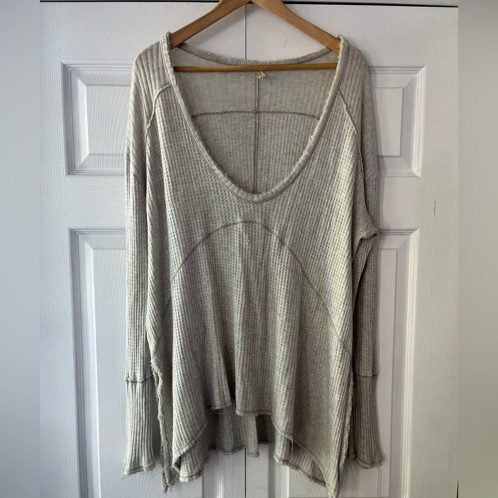 Free people oversized cream v neck distressed sweater